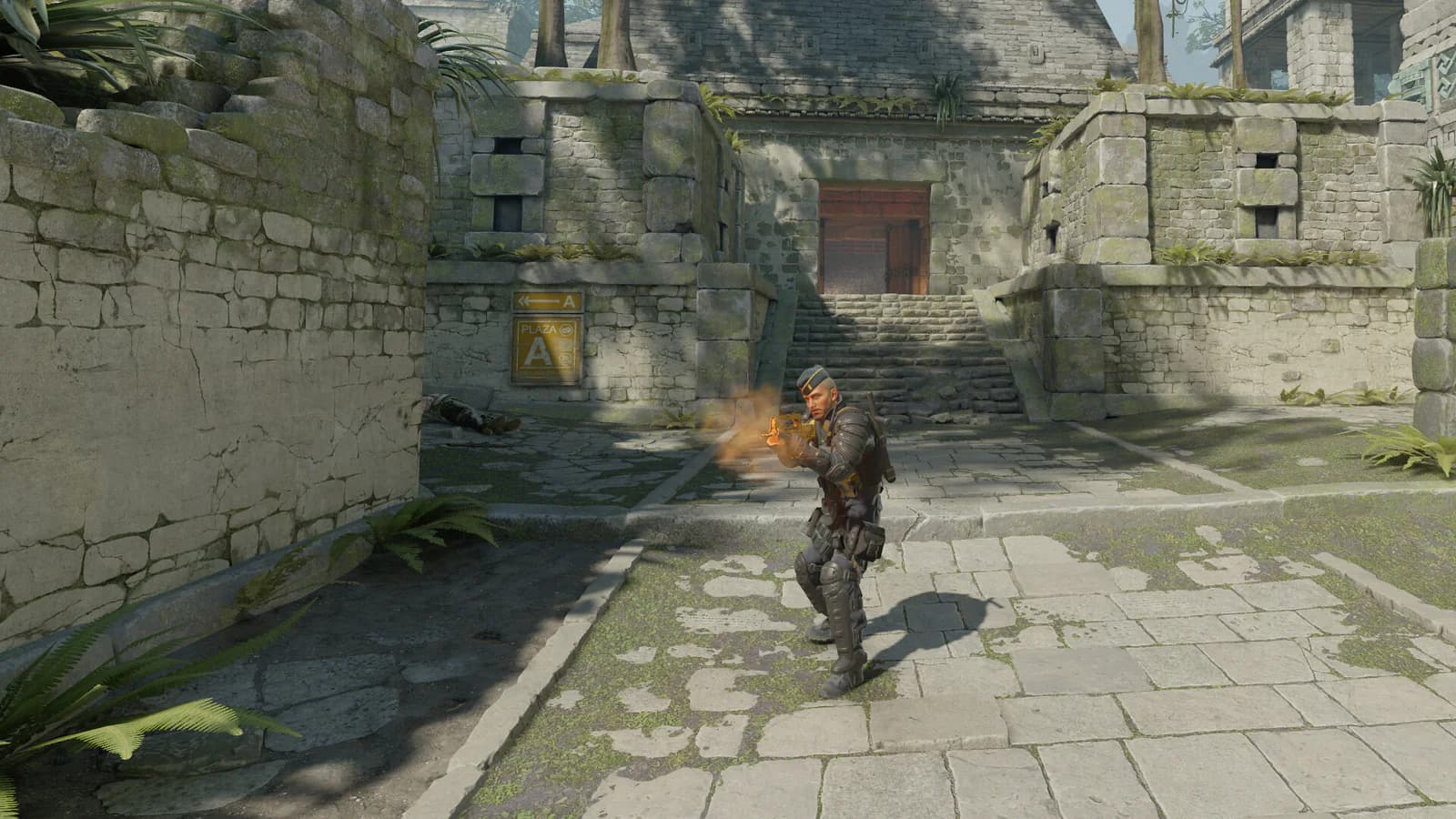 A Counter-Terrorist fires a rifle among the stone ruins of the Ancient map in Counter-Strike 2.