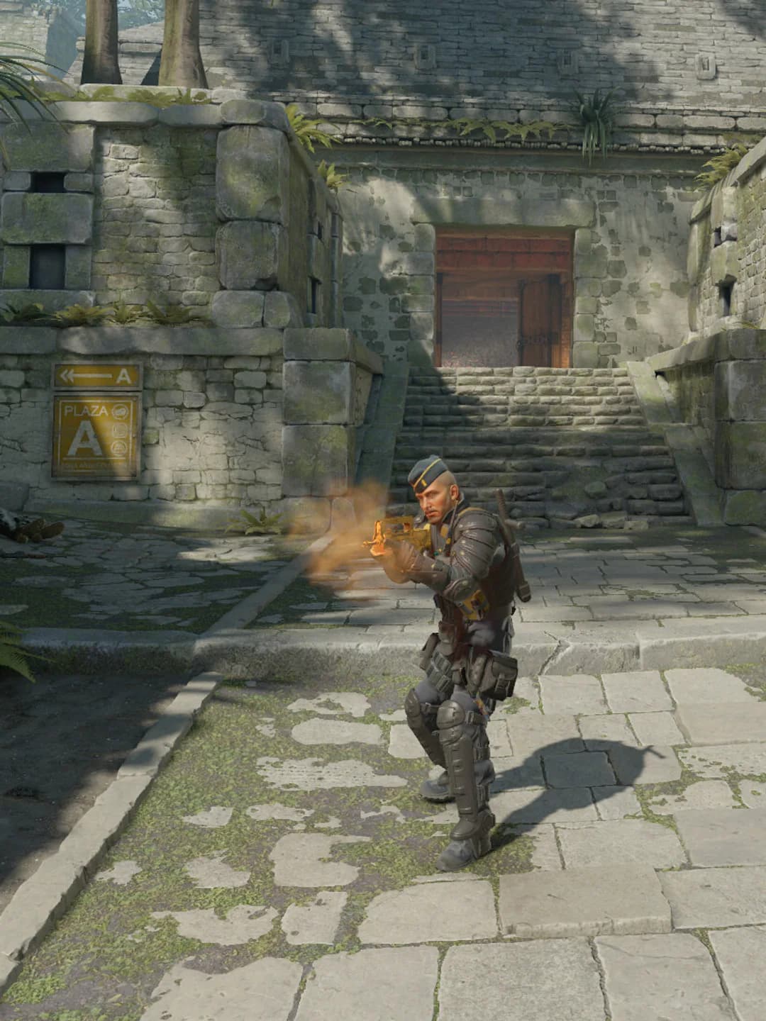 A Counter-Terrorist fires a rifle among the stone ruins of the Ancient map in Counter-Strike 2.