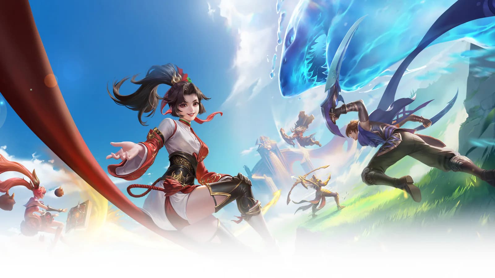 An Honor of Kings heroine in red and white holds a glowing weapon on a fantasy battlefield.