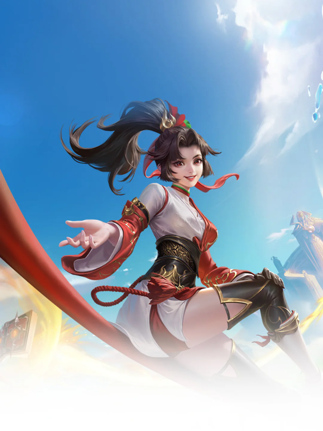 An Honor of Kings heroine in red and white holds a glowing weapon on a fantasy battlefield.