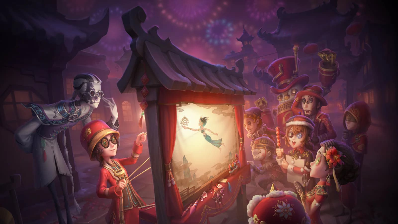 Identity V characters gather around a shadow-puppet stage beneath fireworks in a lantern-lit manor.