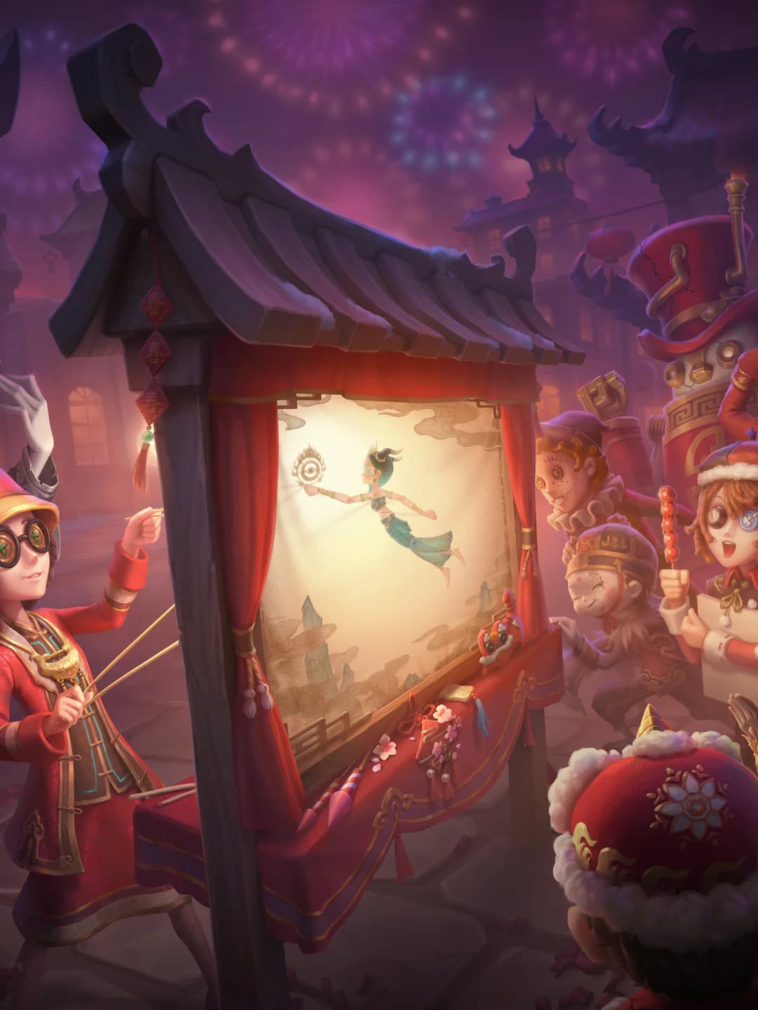 Identity V characters gather around a shadow-puppet stage beneath fireworks in a lantern-lit manor.