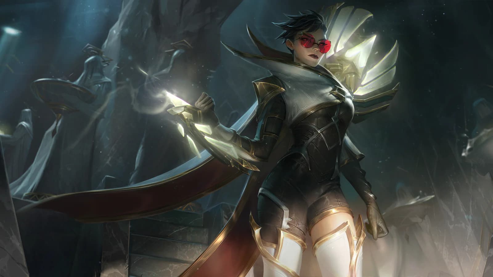 League of Legends champion Sentinel Vayne stands in a ruined stone hall with glowing crossbow armor.