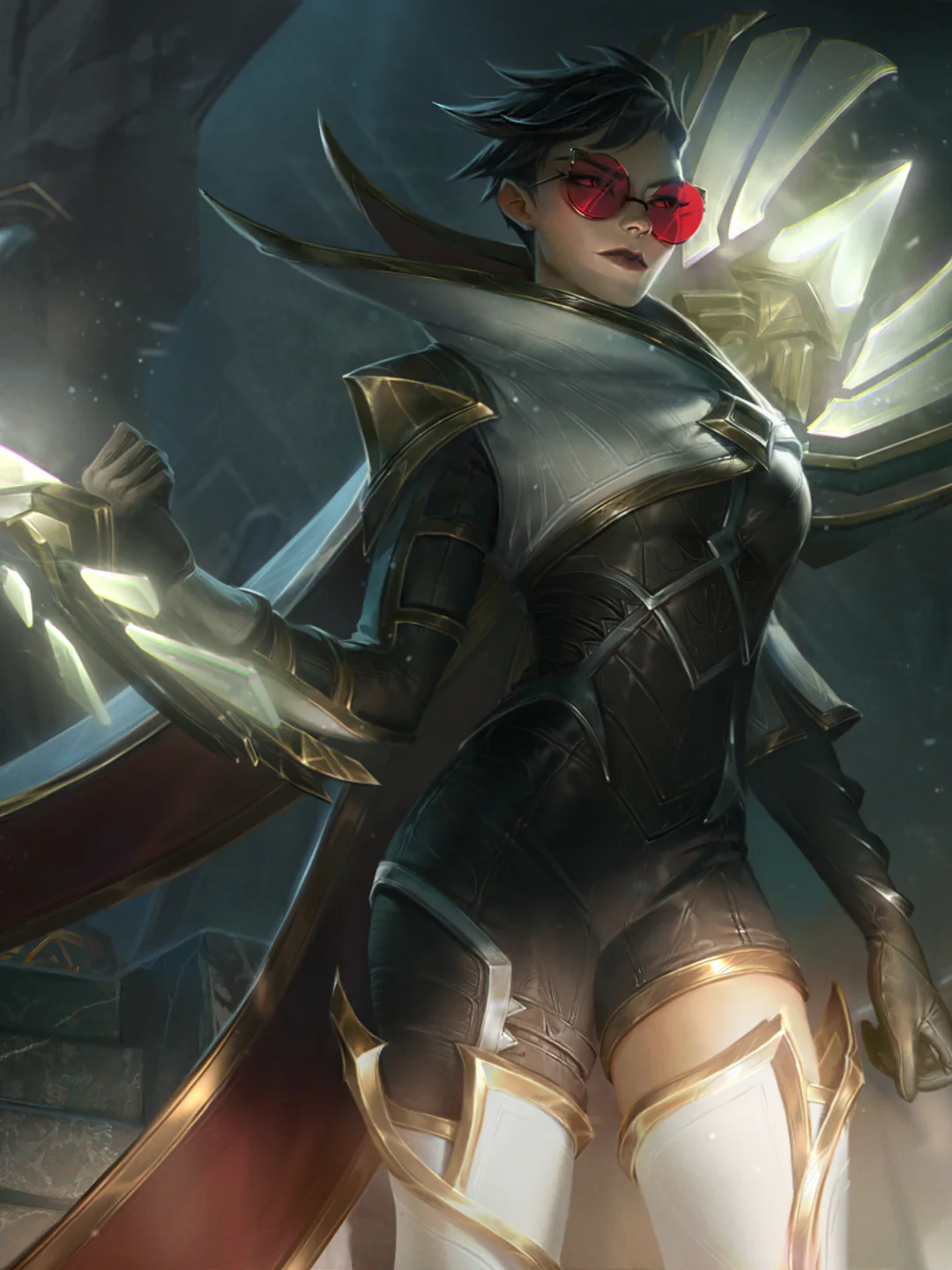 League of Legends champion Sentinel Vayne stands in a ruined stone hall with glowing crossbow armor.