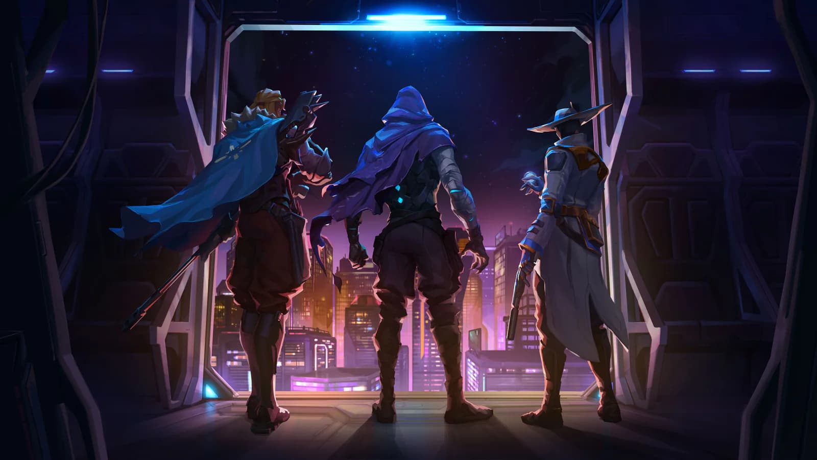 VALORANT agents Sova, Omen, and Cypher stand at an open bay overlooking a neon city.