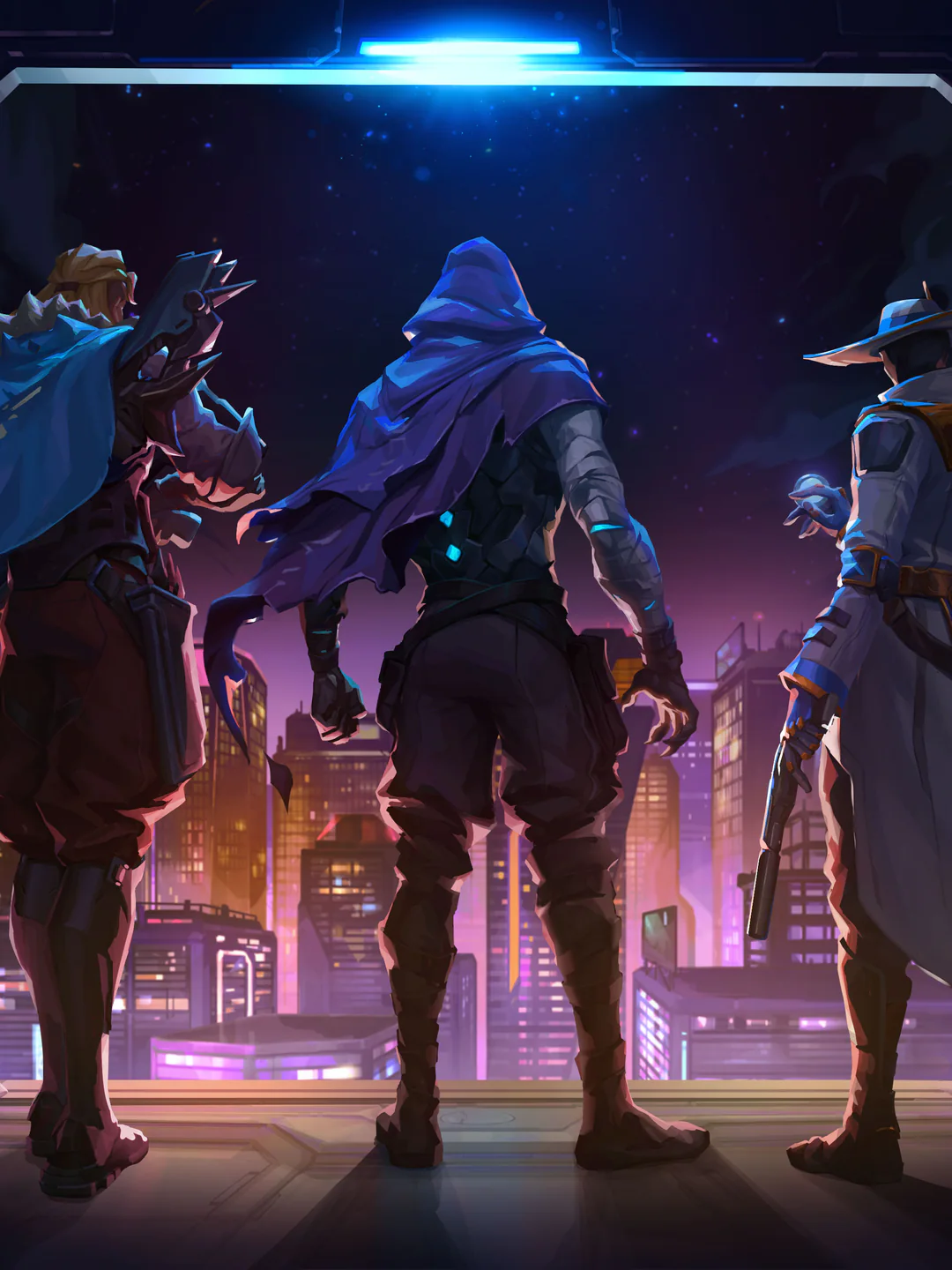 VALORANT agents Sova, Omen, and Cypher stand at an open bay overlooking a neon city.